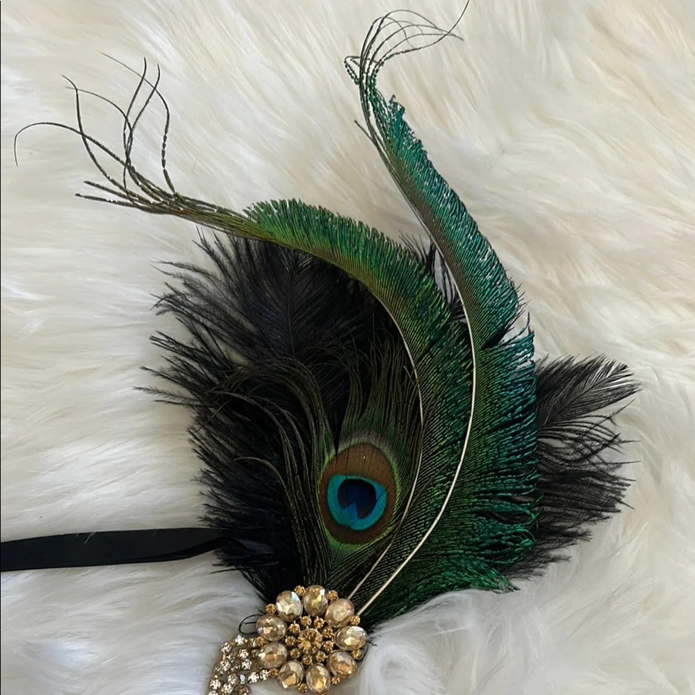 Peacock Feather & Crystal Hairpiece - Green Black